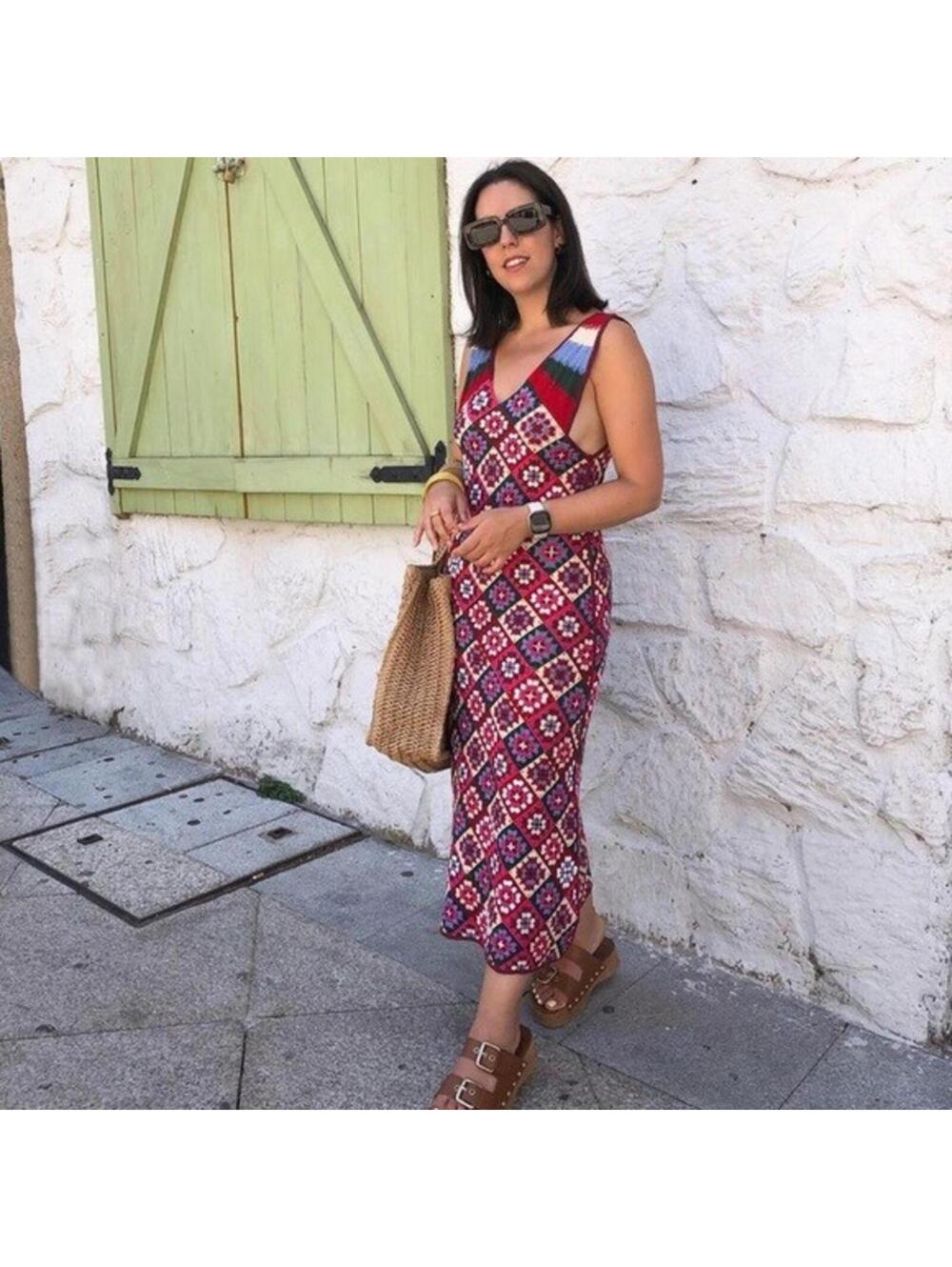 Zara Vibrant Multicolored Crochet Knit Maxi Sun Dress SZ M Approx. Boho - Picture 13 of 15